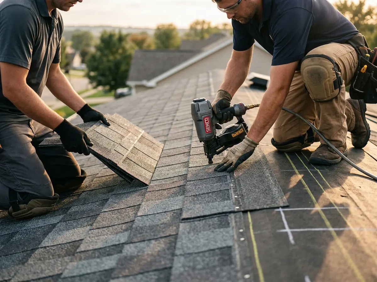 Professional roofer working on a residential roof in Bonita